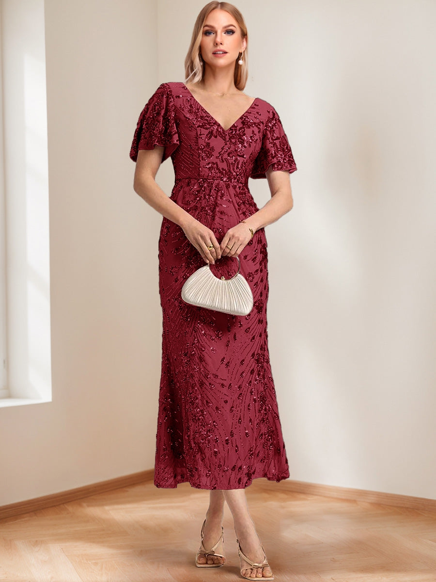 Trumpet/Mermaid V-Neck Short Ruffle Sleeves Ankle-Length Mother of the Bride Dresses with Appliques