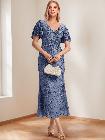 Trumpet/Mermaid V-Neck Short Ruffle Sleeves Ankle-Length Mother of the Bride Dresses with Appliques