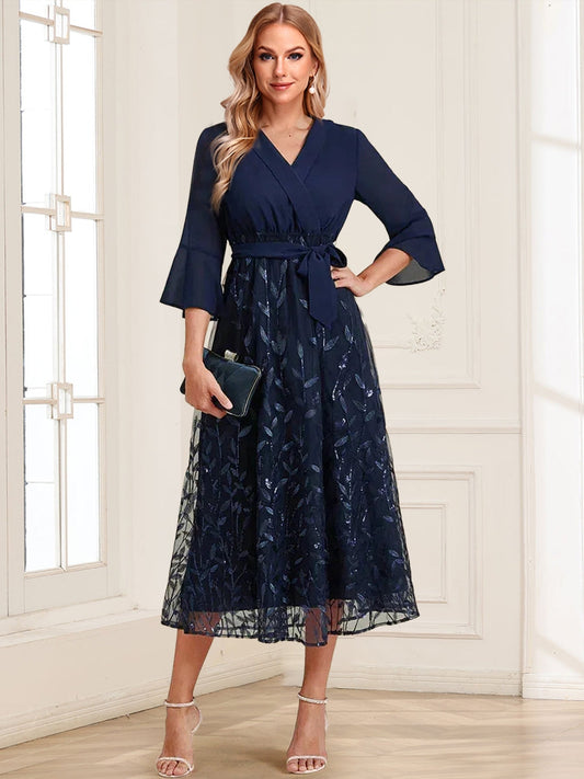 A-Line/Princess V-Neck 3/4 Flared Sleeves Tea-Length Mother of the Bride Dresses with Sequins Mesh