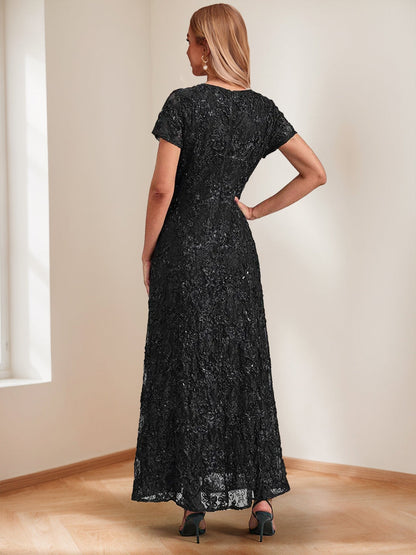 A-Line/Princess Crew Neck Short Sleeves Ankle-Length Mother of the Bride Dresses with Sequin Lace