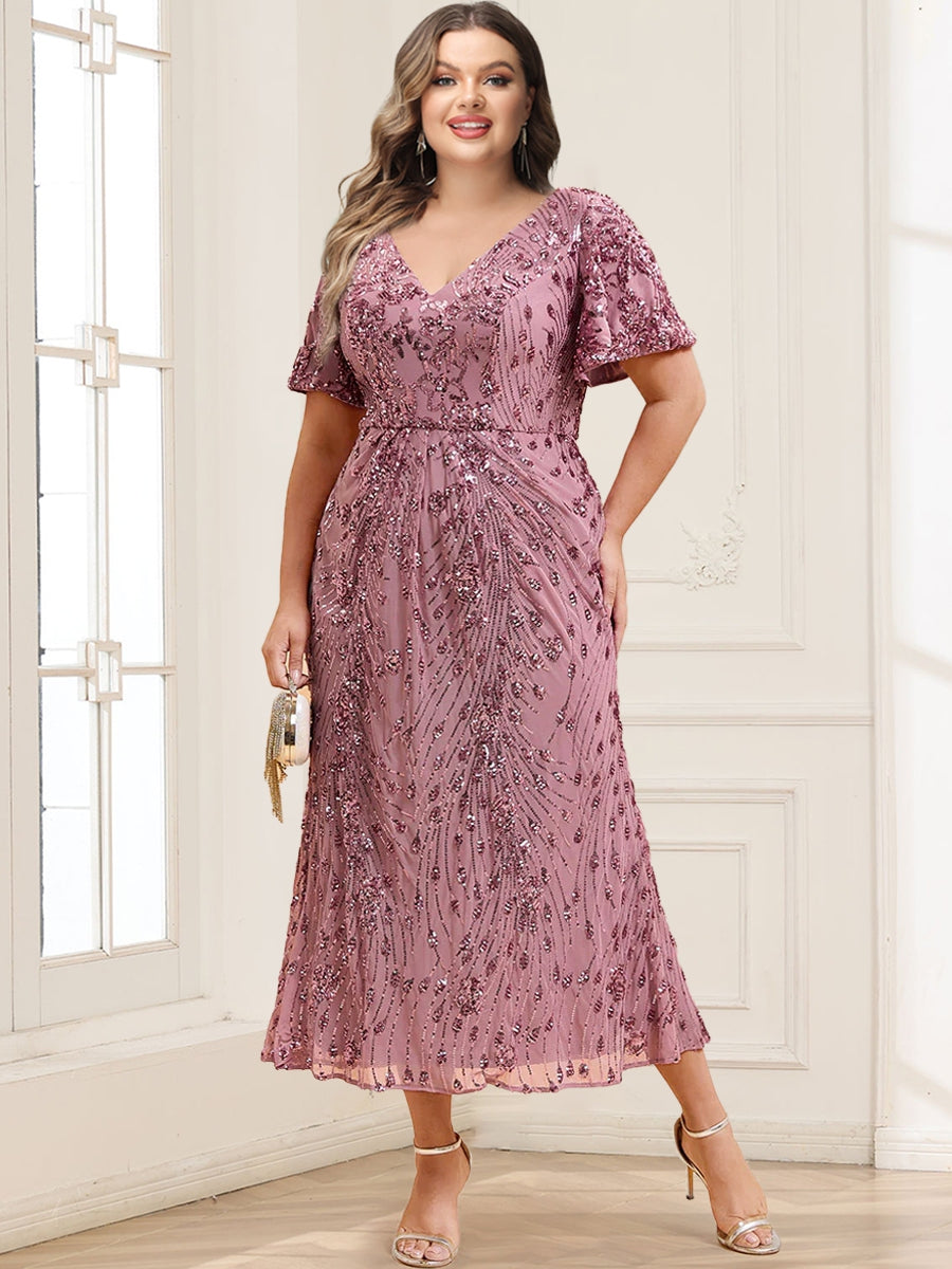 Trumpet/Mermaid V-Neck Short Ruffles Sleeves Tea-Length Mother of the Bride Dresses with Sequin Embroidery