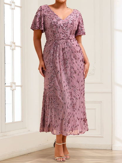 Trumpet/Mermaid V-Neck Short Ruffles Sleeves Tea-Length Mother of the Bride Dresses with Sequin Embroidery