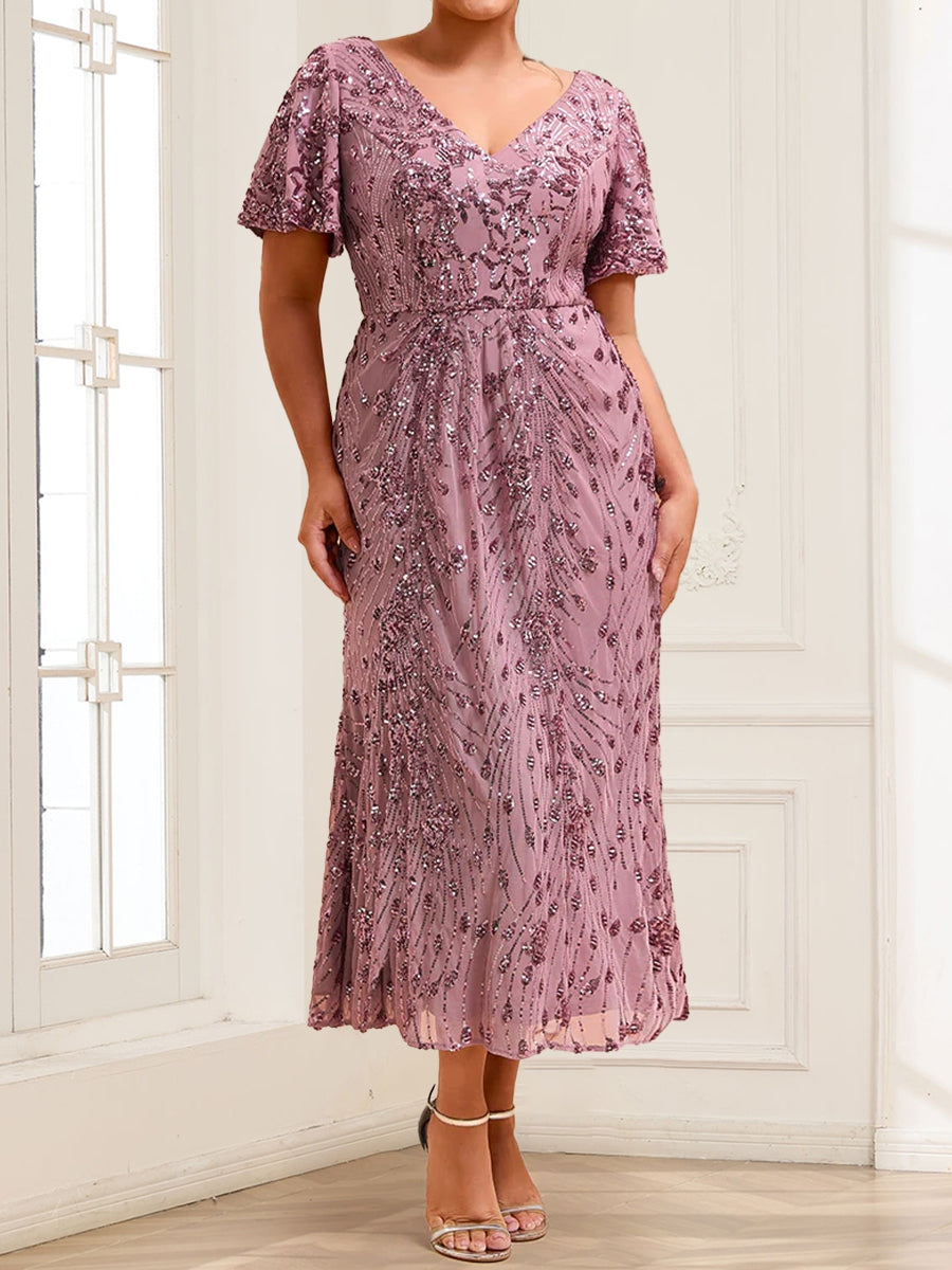 Trumpet/Mermaid V-Neck Short Ruffles Sleeves Tea-Length Mother of the Bride Dresses with Sequin Embroidery