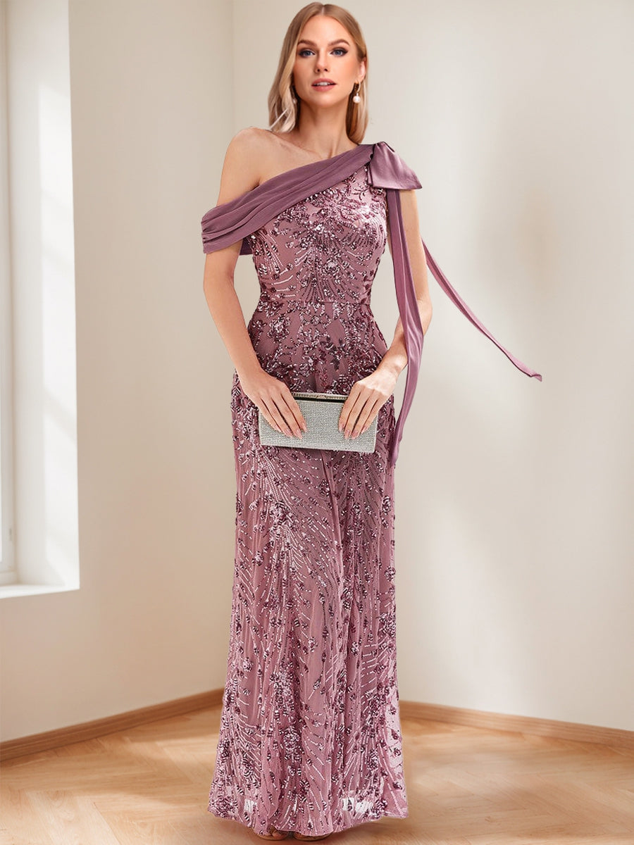 Trumpet/Mermaid Drop Shoulder Sleeves Floor-Length Mother of the Bride Dresses with Bow Detail & Sequin Embroidery
