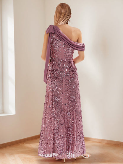 Trumpet/Mermaid Drop Shoulder Sleeves Floor-Length Mother of the Bride Dresses with Bow Detail & Sequin Embroidery