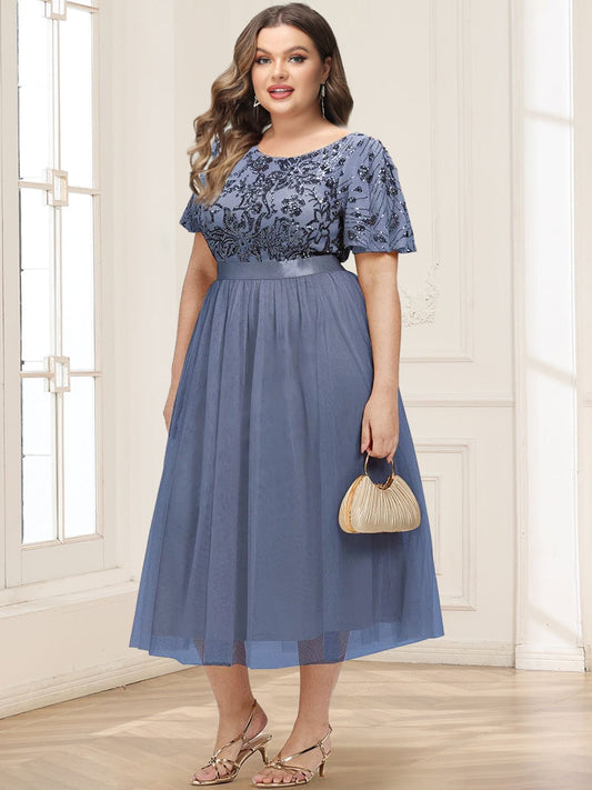 A-Line/Princess Scoop Short Ruffle Sleeve Tea-Length Mother of the Bride Dresses with Sequin Embroidery