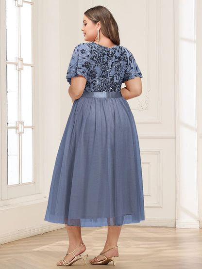 A-Line/Princess Scoop Short Ruffle Sleeve Tea-Length Mother of the Bride Dresses with Sequin Embroidery