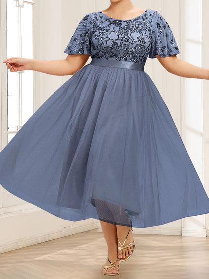 A-Line/Princess Scoop Short Ruffle Sleeve Tea-Length Mother of the Bride Dresses with Sequin Embroidery