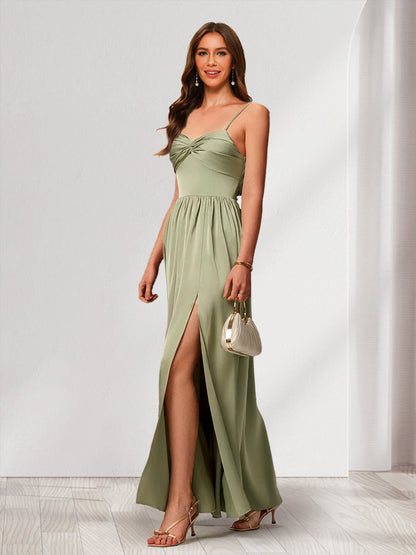 A-Line/Princess Spaghetti Straps Sleeveless Floor-Length Ruched Bridesmaid Dresses with Split Side