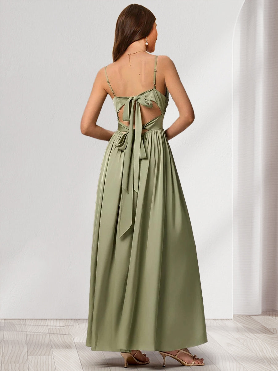 A-Line/Princess Spaghetti Straps Sleeveless Floor-Length Ruched Bridesmaid Dresses with Split Side