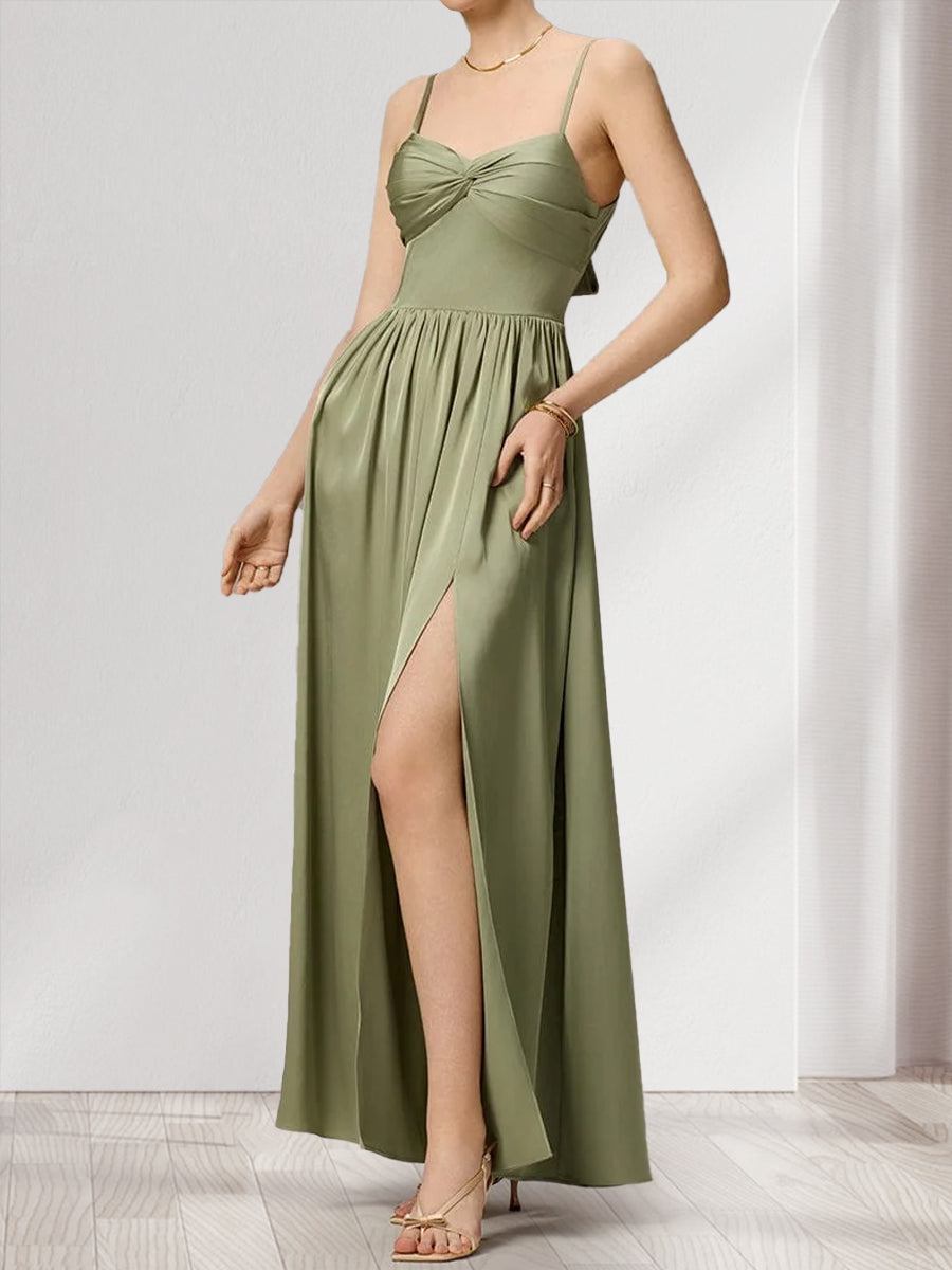 A-Line/Princess Spaghetti Straps Sleeveless Floor-Length Ruched Bridesmaid Dresses with Split Side