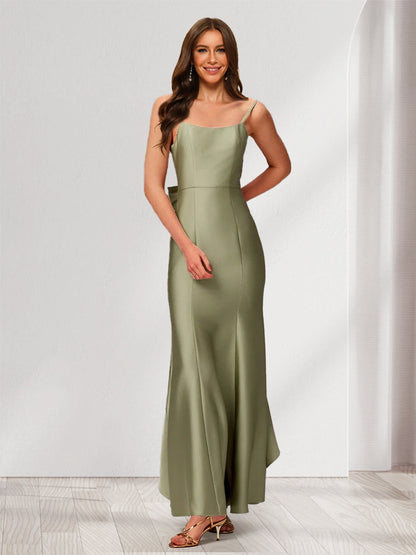 Trumpet/Mermaid Spaghetti Straps Sleeveless Floor-Length Bridesmaid Dresses with Bowknot & Ruffles