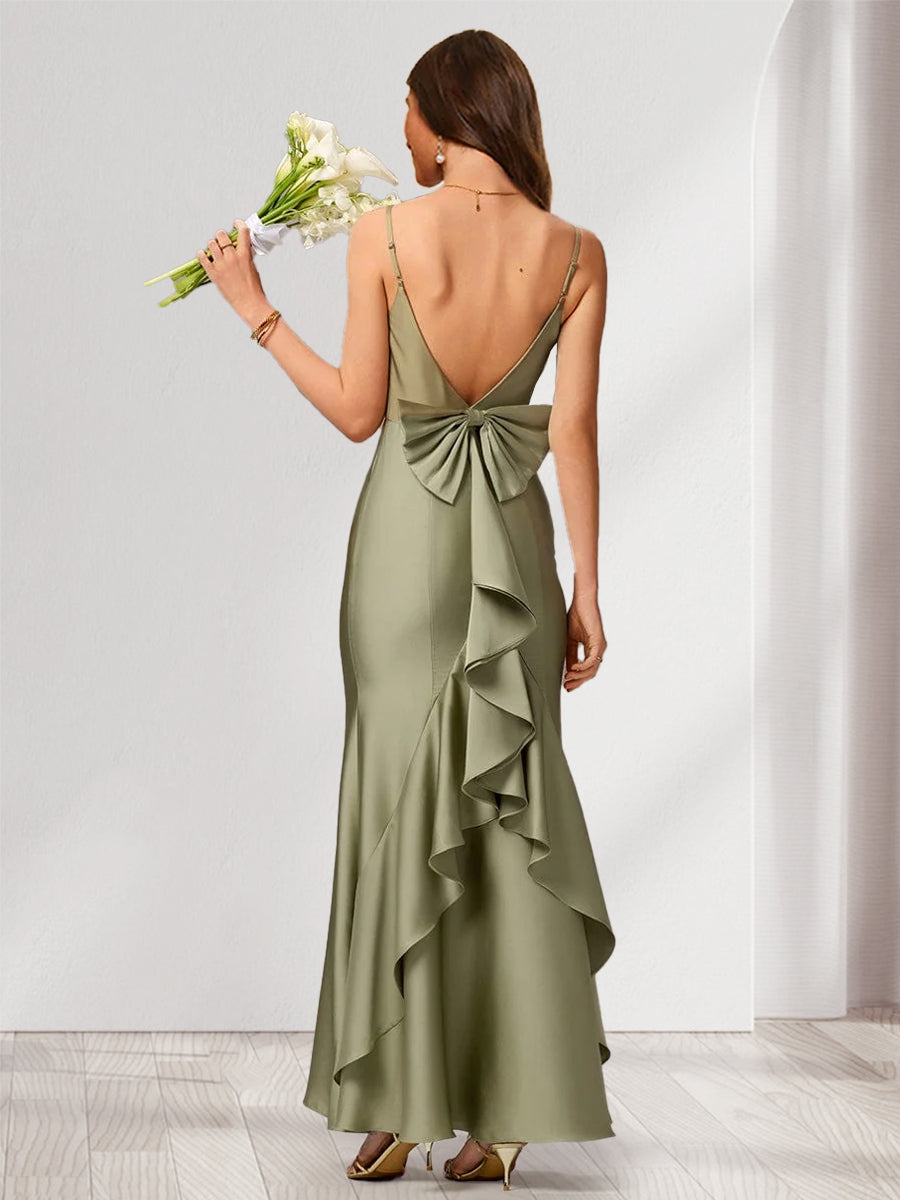 Trumpet/Mermaid Spaghetti Straps Sleeveless Floor-Length Bridesmaid Dresses with Bowknot & Ruffles