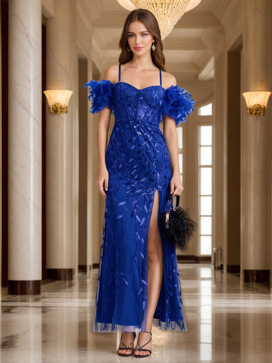 Sheath/Column Off-the-Shoulder Spaghetti Straps Long Formal Evening Dresses with Feather & Applique