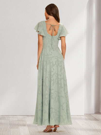 A-Line/Princess Square Neck Short Ruffle Sleeves Floral Bridesmaid Dresses with Split Side