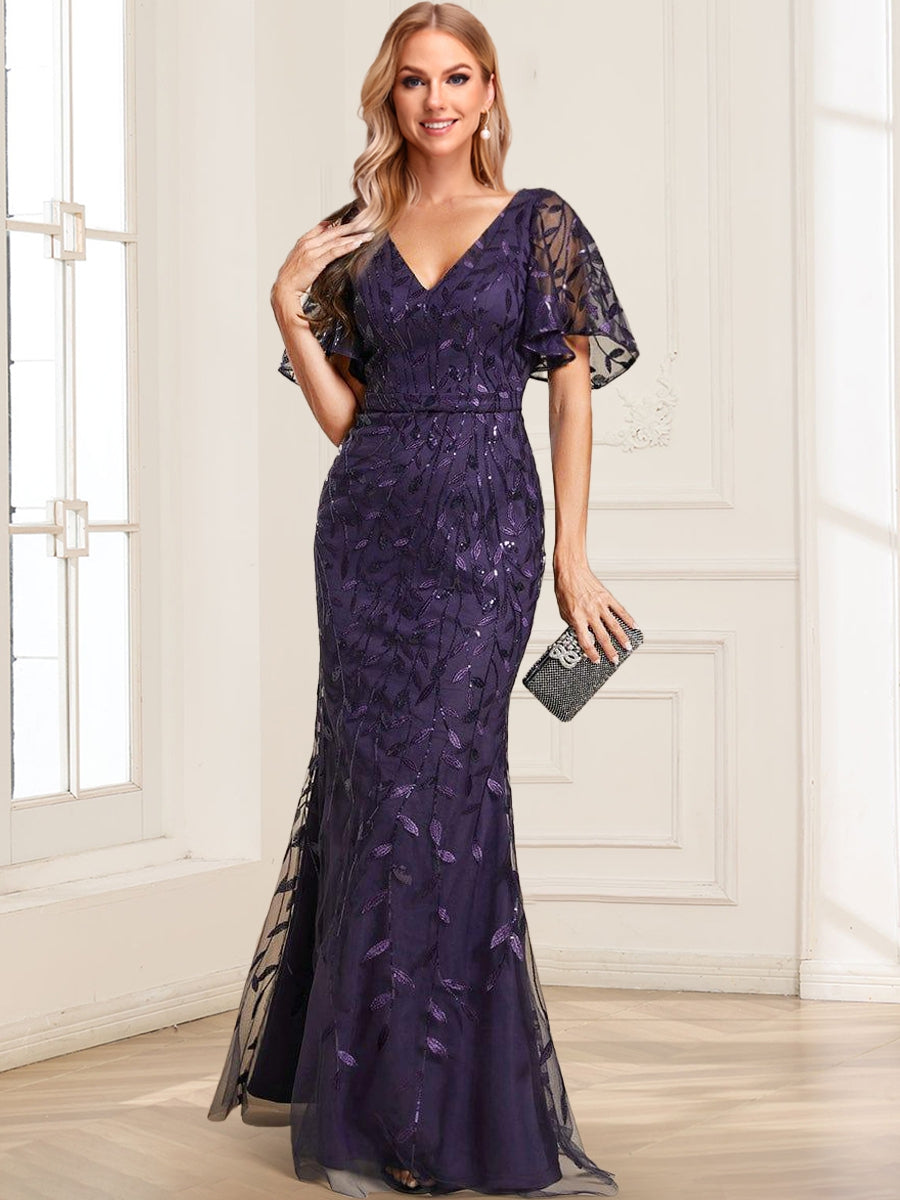 Gorgeous Trumpet/Mermaid V-Neck Short Ruffle Sleeves Floor-Length Mother of the Bride Dresses with Sequin Embroidery
