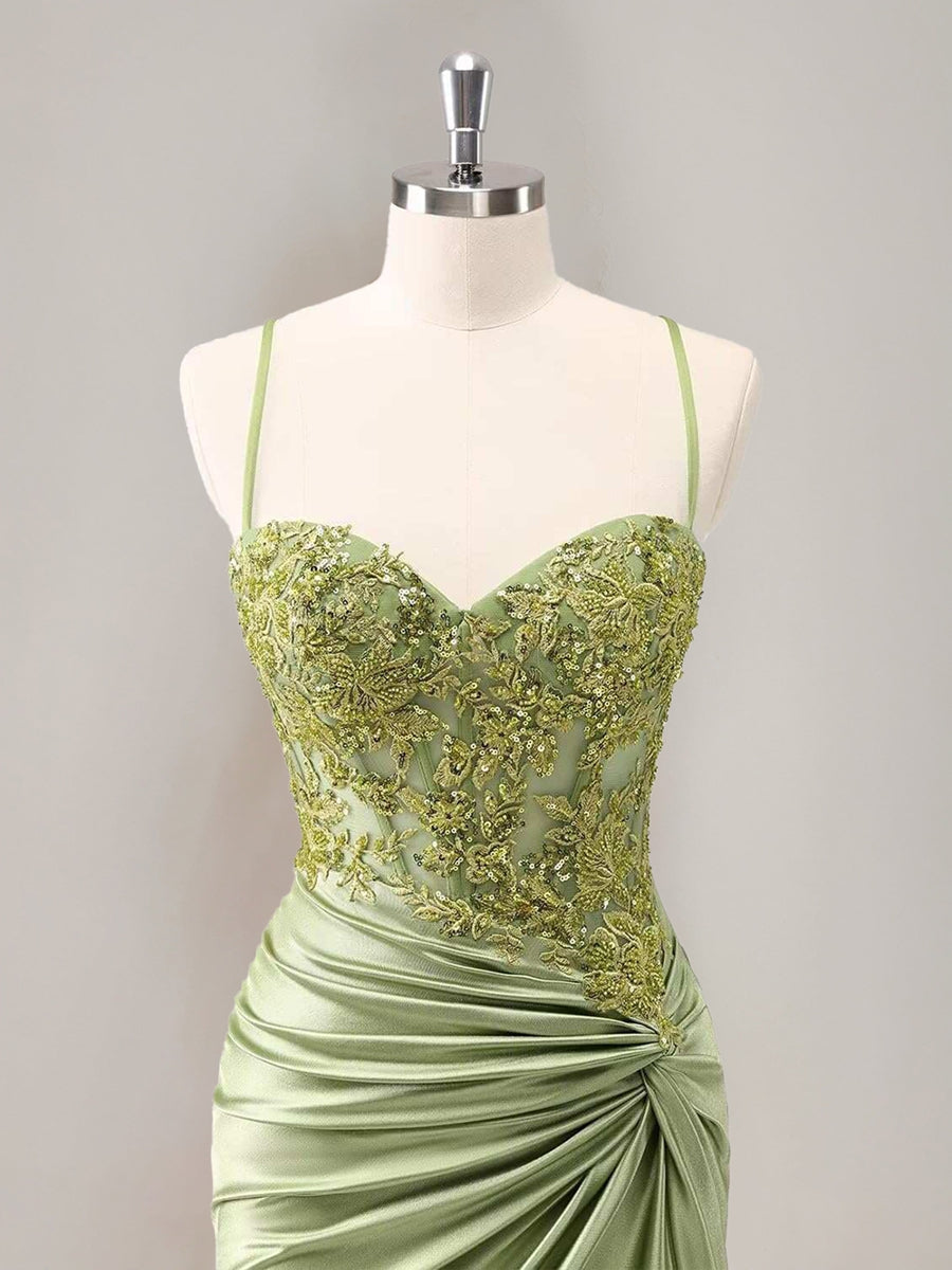 Sheath/Column Spaghetti Straps Sleeveless Ruched Mini Semi Formal Dresses With Appliques