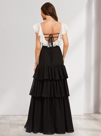 A-Line/Princess Scoop Floor-Length Chiffon Bridesmaid Dresses With Split Side & Cascading Ruffles