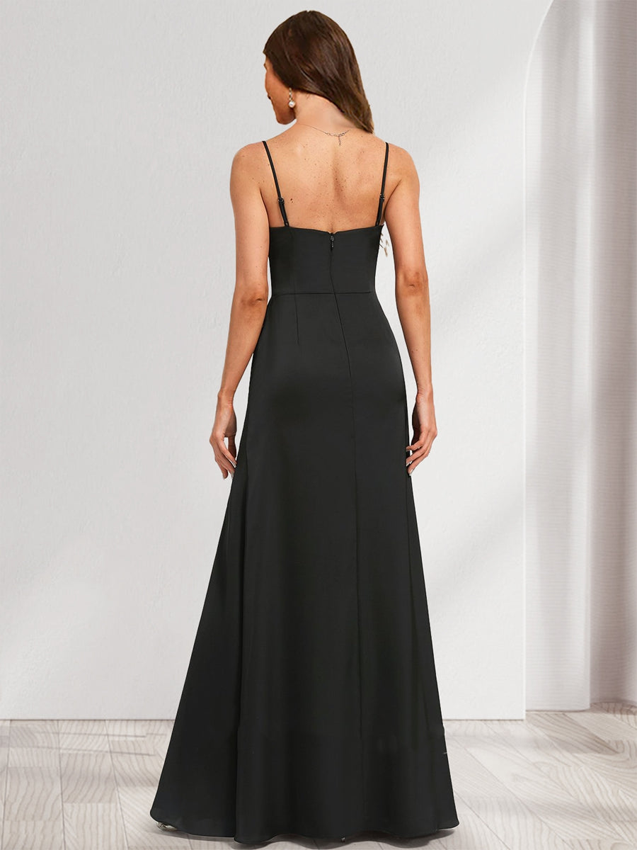 Satin A-Line/Princess Spaghetti Straps Floor-Length Ruched Bridesmaid Dresses With Split Side