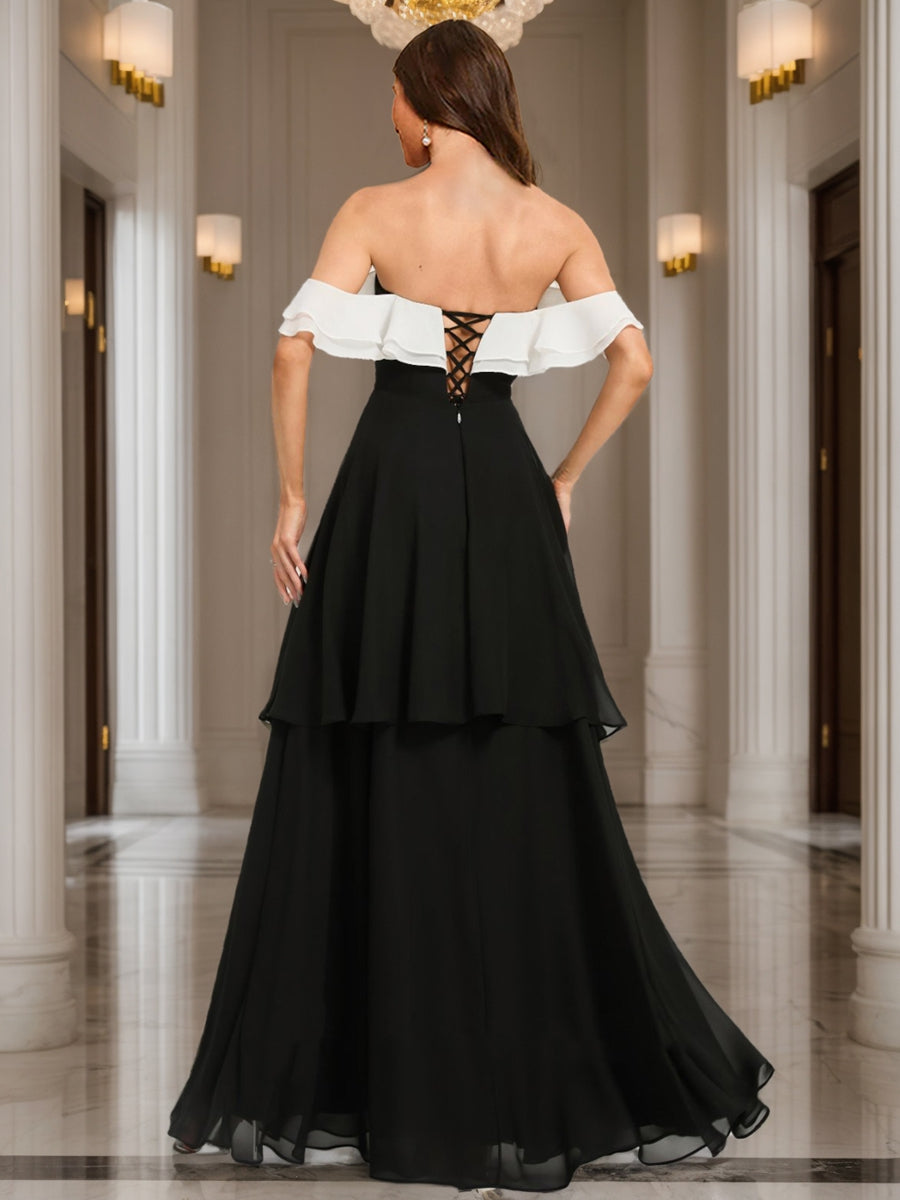 A-Line/Princess Off-the-Shoulder Floor-Length Chiffon Evening Dresses With Cascading Ruffles