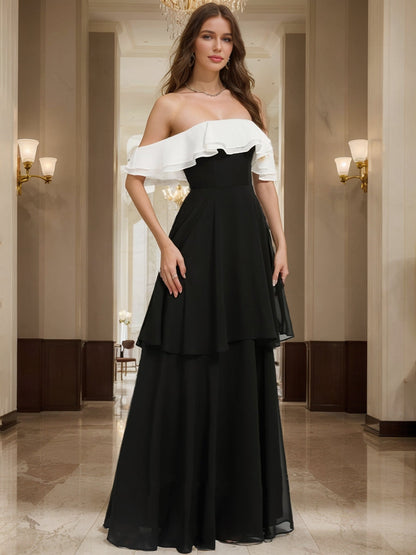 A-Line/Princess Off-the-Shoulder Floor-Length Chiffon Evening Dresses With Cascading Ruffles