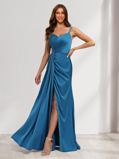 Satin A-Line/Princess V-Neck Sleeveless Floor-Length Ruched Bridesmaid Dresses With Split Side