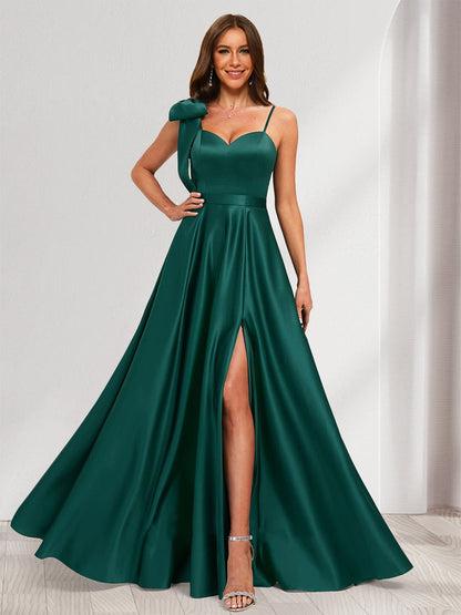A-Line/Princess V-Neck Sleeveless Floor-Length Satin Bridesmaid Dresses With Split Side & Bowknot