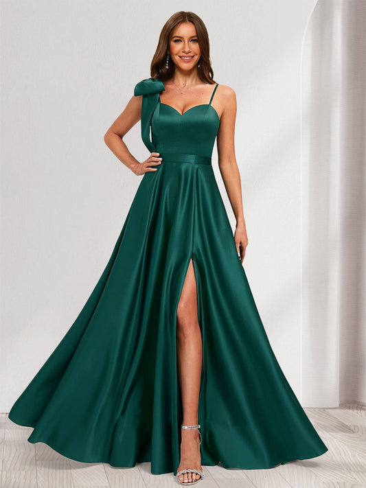 A-Line/Princess V-Neck Sleeveless Floor-Length Satin Bridesmaid Dresses With Split Side & Bowknot