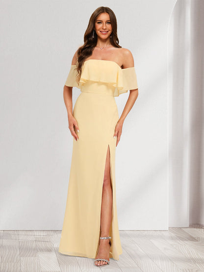 Chiffon Trumpet/Mermaid Off-the-Shoulder Floor-Length Bridesmaid Dress With Ruffles & Split Side