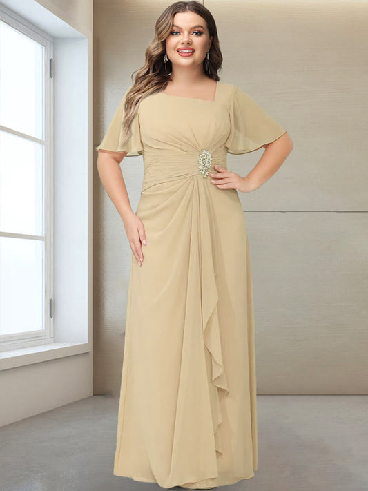 A-Line/Princess V-Neck Short Sleeves Plus Size Ruched Mother of the Bride Dresses with Ruffles