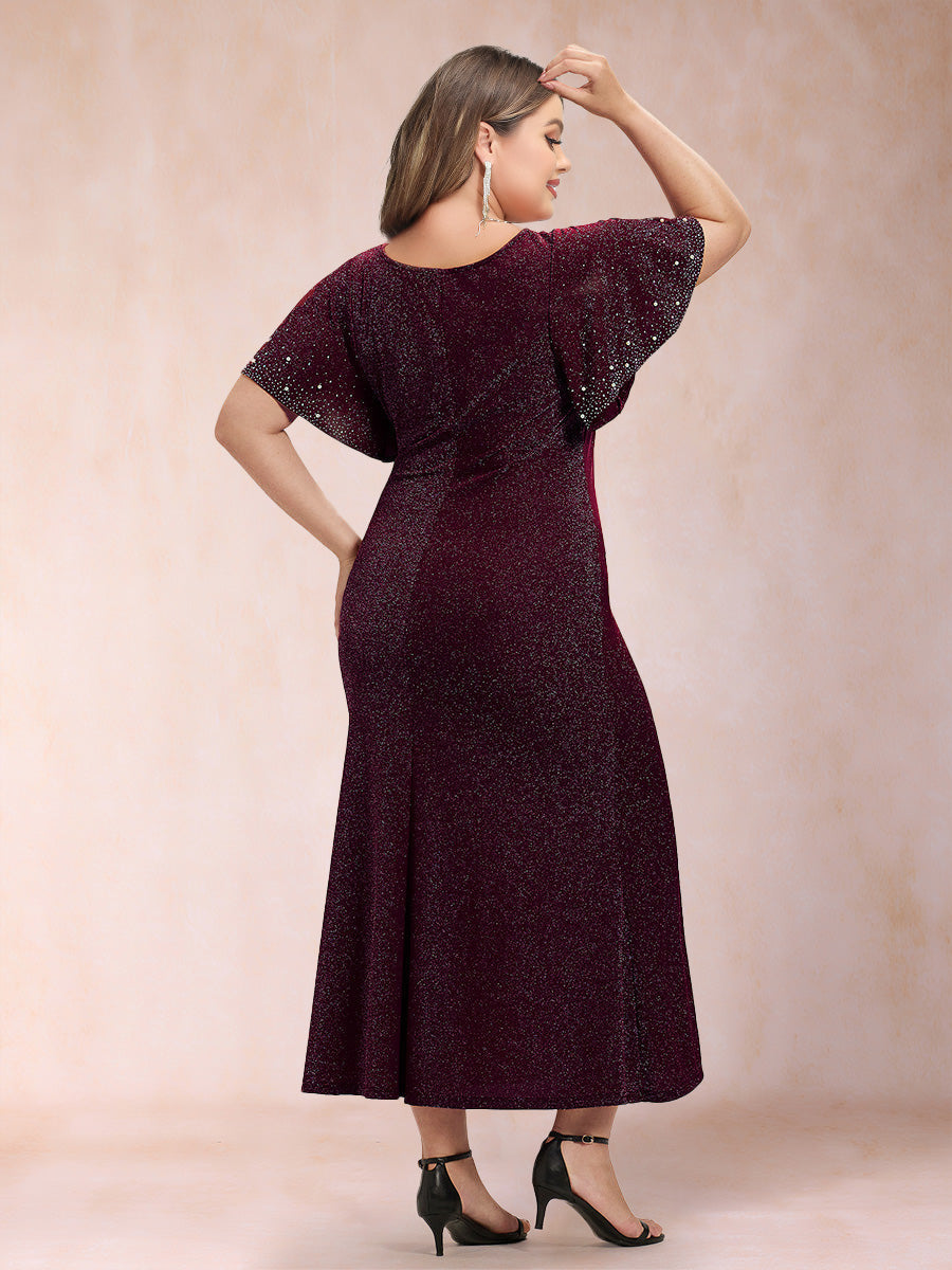 Trumpet/Mermaid Scoop Short Ruffles Sleeves Tea-Length Mother of the Bride Dresses with Sequins