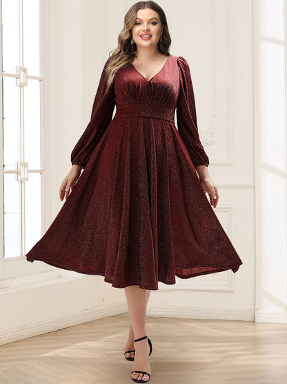 A-Line/Princess V-Neck Long Sleeves Tea-Length Mother of the Bride Dresses with Pocket