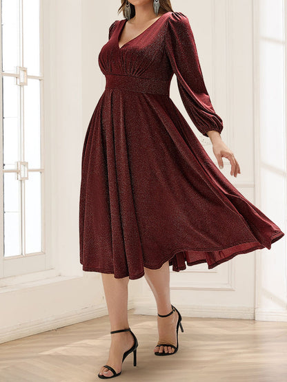 A-Line/Princess V-Neck Long Sleeves Tea-Length Mother of the Bride Dresses with Pocket