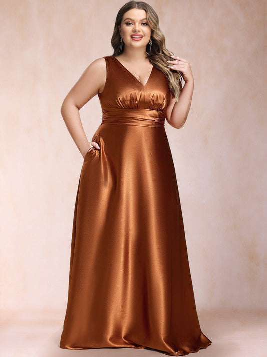 A-Line/Princess V-Neck Sleeveless Long Plus Size Mother of the Bride Dresses With Pockets
