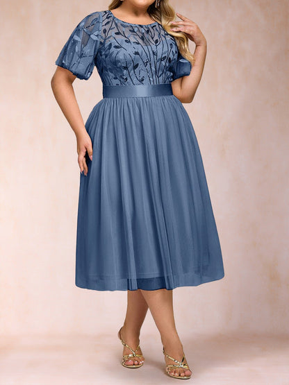 A-Line/Princess Scoop Short Ruffle Sleeves Tea-Length Mother of the Bride Dresses with Sequin Leaf