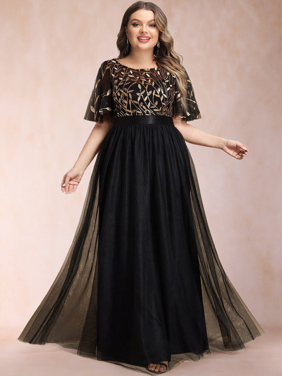 A-Line/Princess Scoop Short Sleeves Long Mother of the Bride Dresses with Sequin Leaf