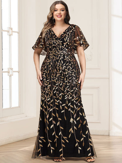 Trumpet/Mermaid V-Neck Short Sleeves Long Mother of the Bride Dresses with Sequin Leaves