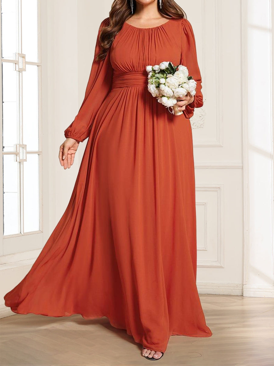 A-Line/Princess Chiffon Scoop Long Sleeves Ruched Plus Size Mother of the Bride Dresses