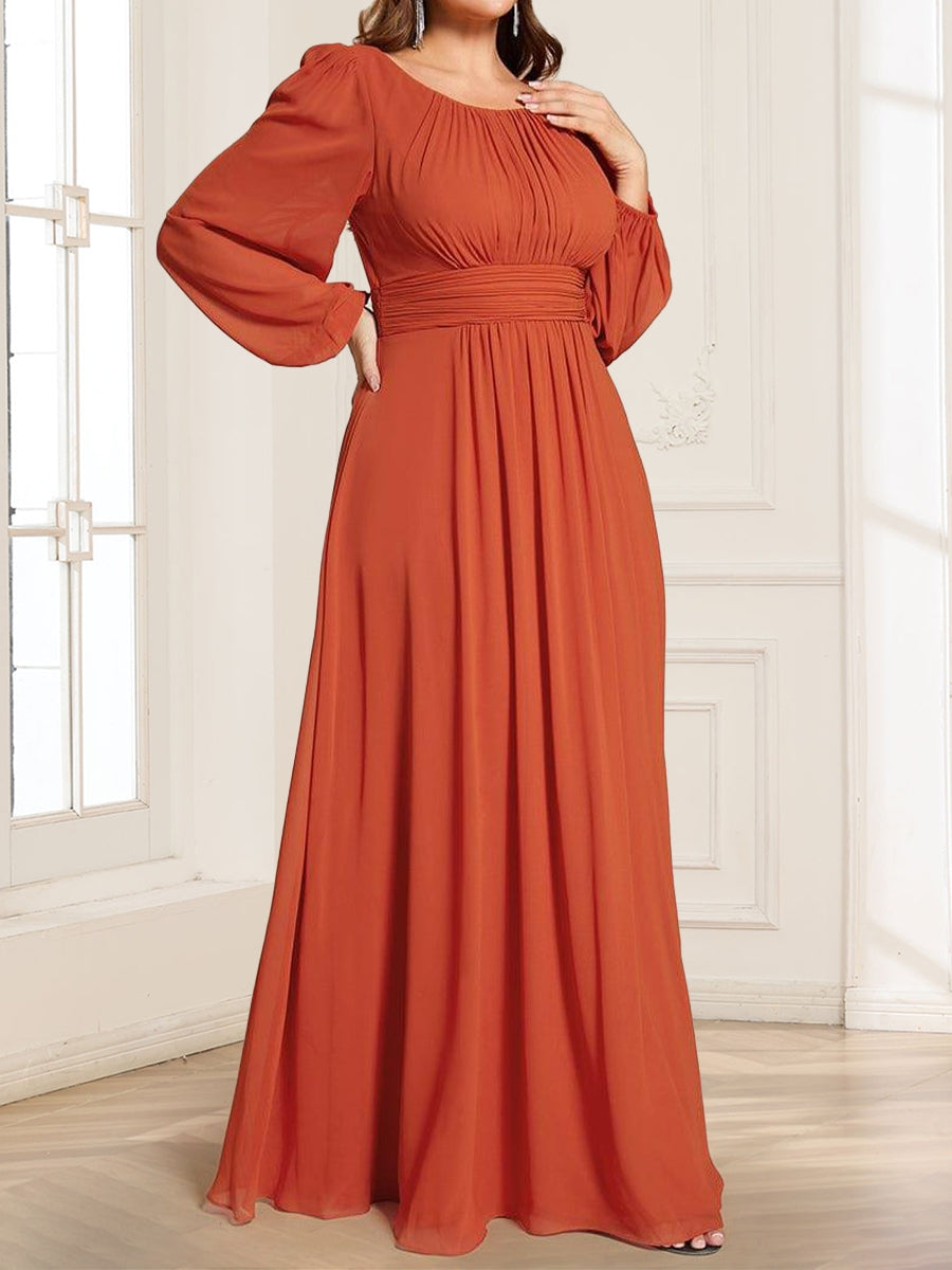 A-Line/Princess Chiffon Scoop Long Sleeves Ruched Plus Size Mother of the Bride Dresses
