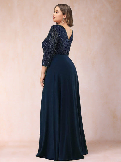 A-Line/Princess V-Neck 3/4 sleeves Long Plus Size Mother of the Bride Dresses With Sequins