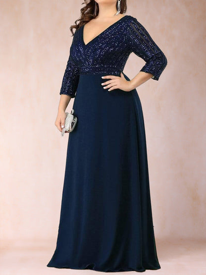A-Line/Princess V-Neck 3/4 sleeves Long Plus Size Mother of the Bride Dresses With Sequins