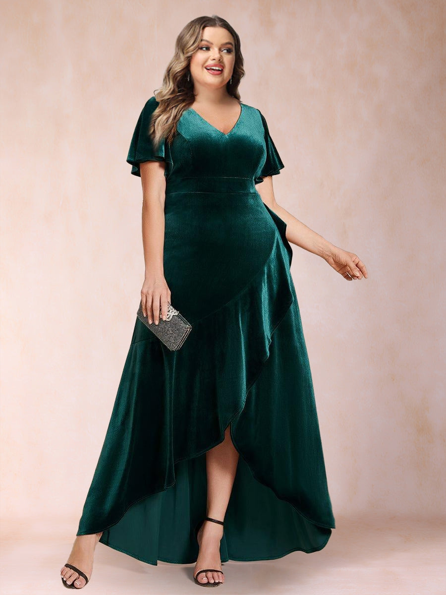 A-Line/Princess V-Neck Short Sleeves Velvet Plus Size Mother Of the Bride Dresses With Split Side