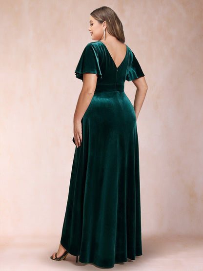 A-Line/Princess V-Neck Short Sleeves Velvet Plus Size Mother Of the Bride Dresses With Split Side