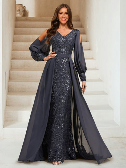 Sheath/Column V-Neck Long Sleeves Floor-Length Evening Dresses with Sequins & Overskirt