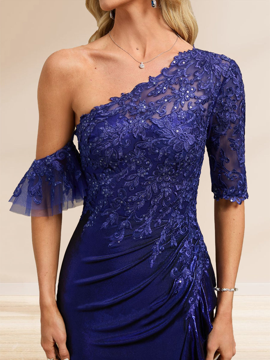 Sheath/Column Asymmetrical One Shoulder Half Sleeve Floor-Length Evening Dresses with Sequins & Split Side