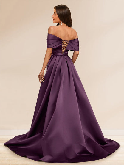 Sheath/Column Off the Shoulder Floor-Length Detachable Evening Dresses with Overskirt & Appliques