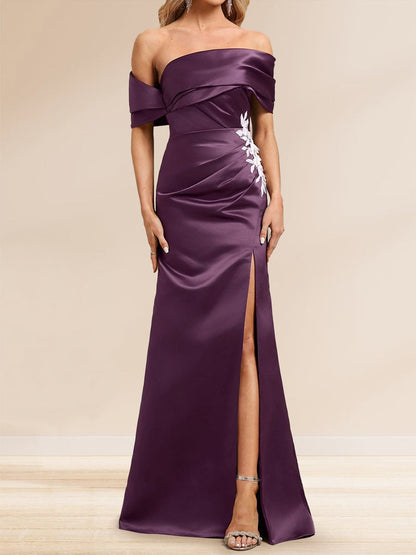 Sheath/Column Off the Shoulder Floor-Length Detachable Evening Dresses with Overskirt & Appliques