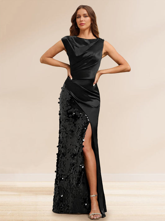 Sheath/Column Boat Neck Floor-Length Evening Dresses with Sequins & Split Side