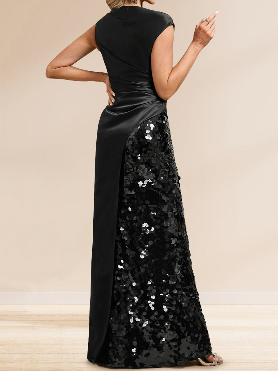 Sheath/Column Boat Neck Floor-Length Evening Dresses with Sequins & Split Side