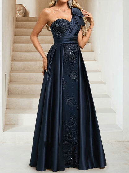 Sheath/Column One Shoulder Sleeveless Floor-Length Evening Dresses with Sequins & Overskirt